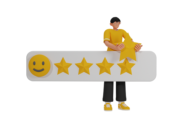 Ilustração de um homem colocando uma estrela em uma barra cheia de estrelas e uma cara smile à esquerda.